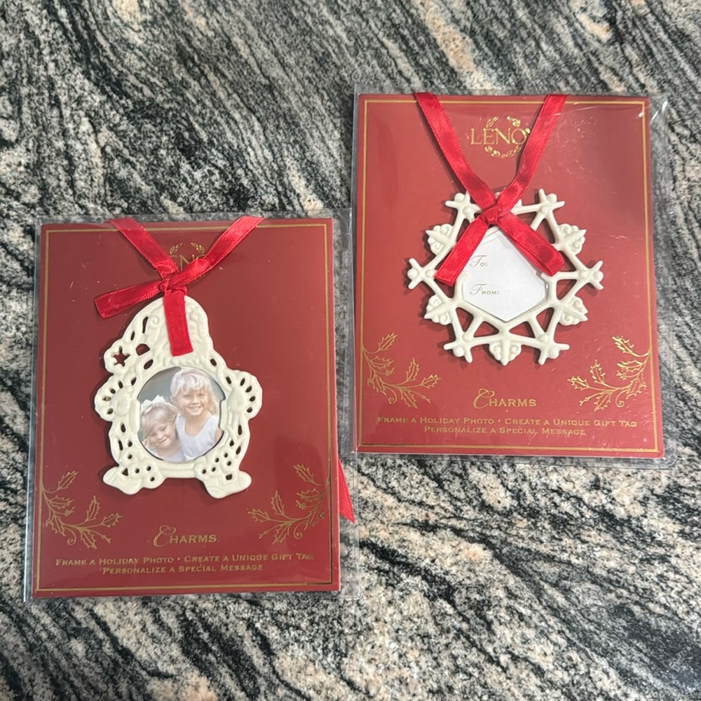 New Lenox Photo Charms Ornaments Gift Tags. Santa & Snowflake. Fine Ivory China